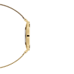 Petite Evergold Blackのサイドビューです。ゴールドケースの薄さとメッシュストラップの細やかな編み目が際立ち、袖口にすっきりと収まるスリムなプロポーションがお分かりいただけます。