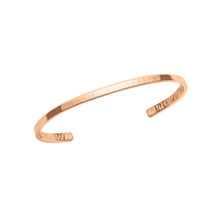 Daniel Wellington Classic Bracelet Tiger Rose Goldの全体像。ポリッシュ仕上げのローズゴールドケース中央にDaniel Wellingtonのロゴが刻印され、両端にはトラ柄のエングレービングが施された細身のオープンカフブレスレットです。