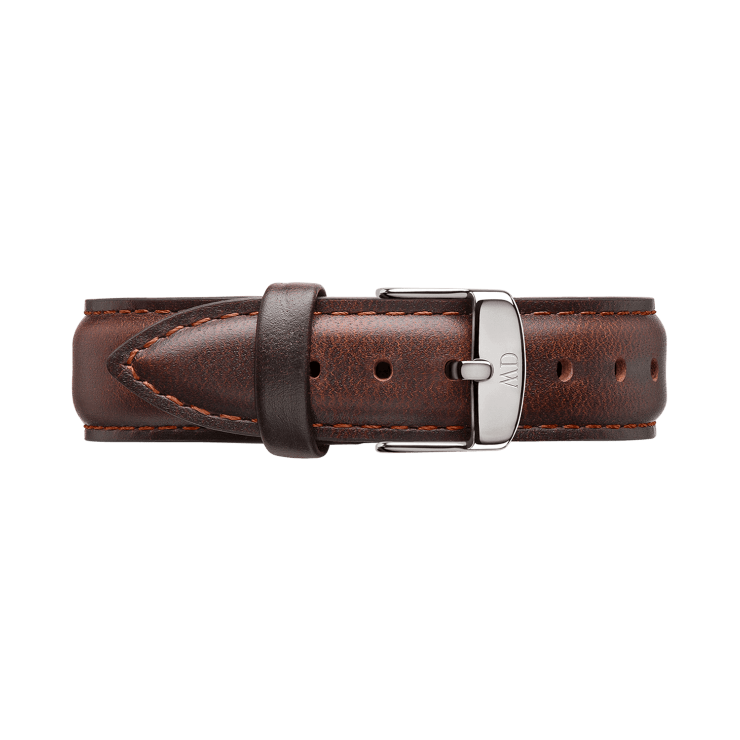 ダニエルウェリントン Bristol Strap Silverをバックル側から撮影した画像です。ダークブラウンのレザーストラップには、革肌の濃淡やブラウンのステッチ、遊び革の細部まで確認できます。ロゴ入りのシルバーバックルが留められた状態で収まっています。
