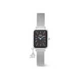 Quadro Crystal Zodiac Sterling Setの全体を白背景で撮影した商品画像です。シルバーメッシュのストラップに、クリスタルをあしらったスクエアケース、深みのあるブラックマザーオブパールの文字盤を組み合わせ、ケースサイドには水瓶座をモチーフにしたクリスタルチャームがあしらわれています。