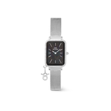 白背景で撮影したQuadro Crystal Zodiac Sterling Setの商品画像です。シルバーメッシュのストラップに、クリスタルをあしらったベゼルが輝くスクエア型の腕時計。深みのあるブラックマザーオブパールの文字盤が上品な存在感を醸し出しています。ケースサイドのリング部分には、牡牛座をモチーフにしたクリスタルチャームがあしらわれています。
