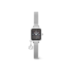 ダニエルウェリントン Quadro Mini Crystal Zodiac Sterling セットのシルバーメッシュストラップモデルを白背景で撮影した画像です。クリスタルベゼルに縁取られたブラックマザーオブパールの文字盤は、深みのある色合いを演出し、ケース左下にはかに座をモチーフにしたクリスタルチャームがあしらわれています。