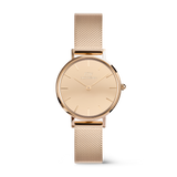 Daniel Wellington Petite Reflection Rose Goldの正面画像。ダイヤル、ケース、メッシュストラップをローズゴールドのワントーンで統一した28mmの女性向け腕時計です。バーインデックスと針も同色に仕上げられ、鏡面のような一体感が特徴となっています。