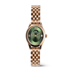 Daniel WellingtonのOphelia Mini Emerald Rose Goldの正面画像です。エメラルドグリーンのサンレイダイヤルにローマ数字のインデックスをあしらったオーバルケースと、ローズゴールドのビーンズリンクブレスレットが特徴の女性向け腕時計です。
