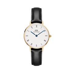 Daniel Wellington Petite Roman Numerals Sheffield Goldの正面画像。ホワイト文字盤にローマ数字のインデックスとブルースチールの針が映え、ゴールドケースとブラックレザーストラップが上品なコントラストを描く女性向け腕時計です。