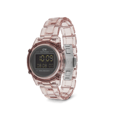 ダニエルウェリントン Retro Digital Dark Pinkを斜め横から撮影した画像です。ダークピンクの半透明リンクブレスレットの奥にはステンレススチール製のバックルが見え、ケース側面のボタンやラウンド型デジタル文字盤のレイアウトが確認できます。