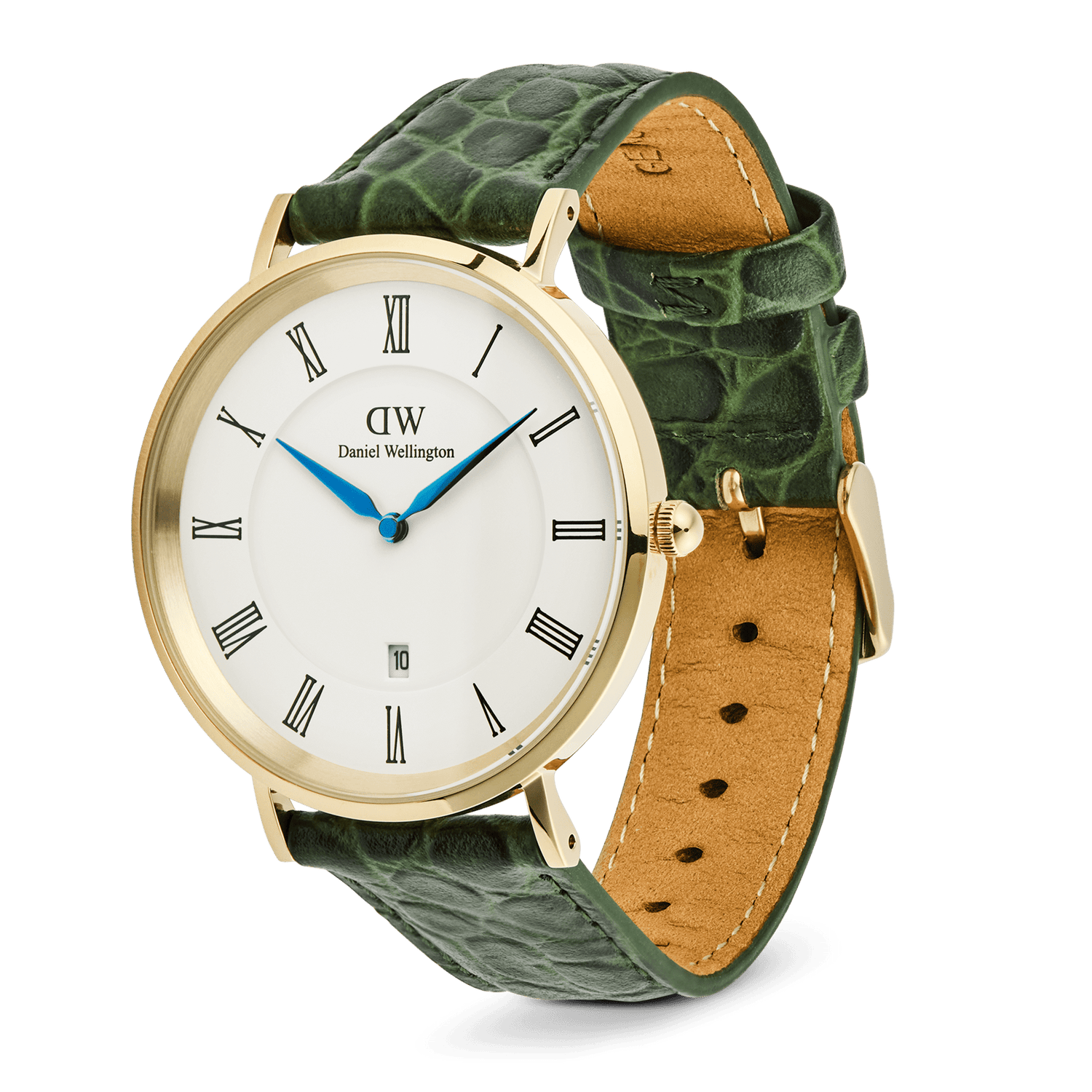 ダニエルウェリントン Classic Roman Numerals Date Dark Green Croc Belly Goldの斜めアングル商品写真。ゴールドのポリッシュケースとホワイト文字盤にブルーの針が映え、ダークグリーンのクロコベリーレザーストラップは裏面のキャメルカラーやステッチの細部まで確認できます。