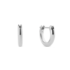ダニエルウェリントンのArch Earrings Silver 9mmを白背景で正面と側面から撮影した商品画像です。ポリッシュ加工のシルバーが滑らかに光を反射し、丸みを帯びたアーチ型のフープとピンクの留め具部分がはっきりと確認できます。