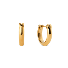 Daniel WellingtonのArch Earrings Gold 12mmを白背景で撮影した商品写真です。正面と側面から、丸みを帯びたアーチ型のシルエットやPVDゴールドコーティングの輝き、ピンクの留め具部分のディテールが確認できます。