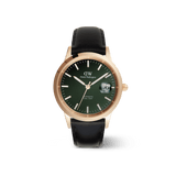白背景に置かれたIconic Sheffield Automatic Rose Goldの全体画像です。エメラルドグリーンのエナメル文字盤とローズゴールドケースの温かみのある色合いが調和し、ブラックレザーストラップが上品なアクセントを加えています。文字盤下部には「AUTOMATIC」と「100m防水」の表記が確認できます。