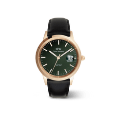 白背景に置かれたIconic Sheffield Automatic Rose Goldの全体画像です。エメラルドグリーンのエナメル文字盤とローズゴールドケースの温かみのある色合いが調和し、ブラックレザーストラップが上品なアクセントを加えています。文字盤下部には「AUTOMATIC」と「100m防水」の表記が確認できます。