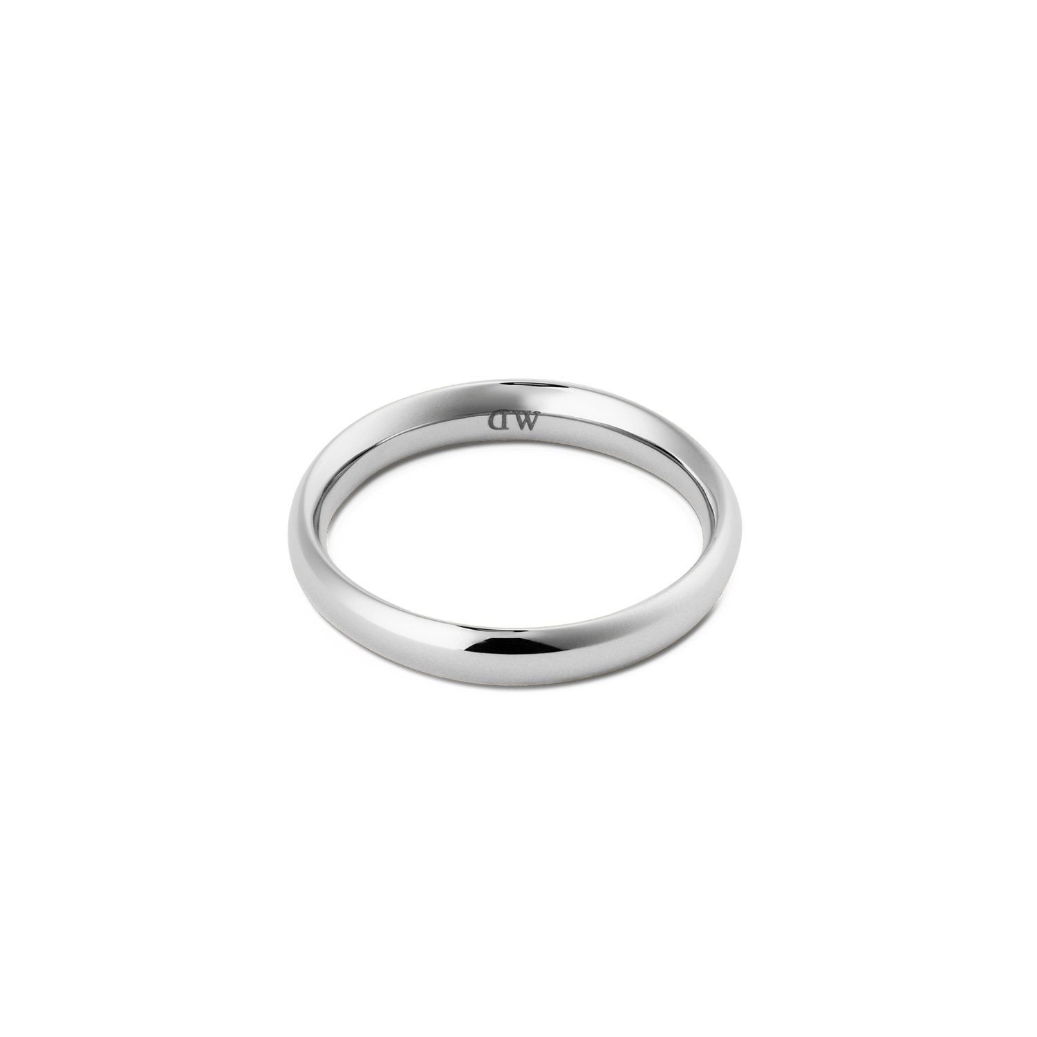 Arch Ring Silver 3.5mmをやや上から見た商品写真です。丸みを帯びたアーチ型のシルエットと、内側に刻印されたDaniel Wellingtonのロゴが確認できます。