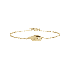 Daniel WellingtonのElan Unity Braceletは、ゴールドのチェーンブレスレットです。中央にはブランドロゴが刻印された2つのリングが交差するインターロッキングモチーフを採用し、細身のケーブルチェーンとロブスタークラスプを備えています。