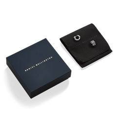 Daniel Wellingtonのネイビーギフトボックスとブランドロゴ入りブラックポーチの上に置かれた5-Link Earringsシルバー。上品なギフトパッケージとともに、小ぶりなフープピアスが並んでいます。