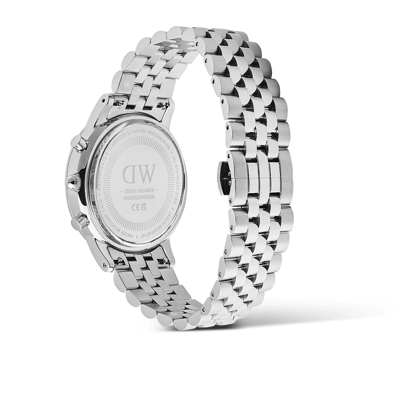Iconic Chronograph Arch 5-Link Off-White Panda Silverの裏蓋側からの製品写真です。ケースバックにはDaniel Wellingtonのロゴとシリアルナンバーが刻印されており、ブラッシュド仕上げとポリッシュ仕上げが交互に施された5リンクジュビリーブレスレットの立体的な構造が確認できます。