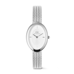 ダニエルウェリントンのJuliette Braided Mesh White Sunray Silverです。オーバル型のポリッシュシルバーケースにホワイトサンレイダイヤル、ヘリンボーン編みのメッシュストラップを組み合わせた、ブレスレット感覚の女性向け腕時計です。