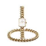 Daniel WellingtonのJolieゴールドチェーンストラップ付きスクエア腕時計とChunky Chain Braceletのセットです。ポリッシュ仕上げのゴールドトーンで統一されたレイヤードスタイルをお楽しみいただけます。