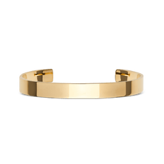 ダニエルウェリントン Line Cuff Polished Goldの正面プロダクトショットです。フラットなポリッシュ仕上げのゴールドカフブレスレットが、白い背景の上で光を反射し、ミニマルなオープンカフのフォルムを際立たせています。