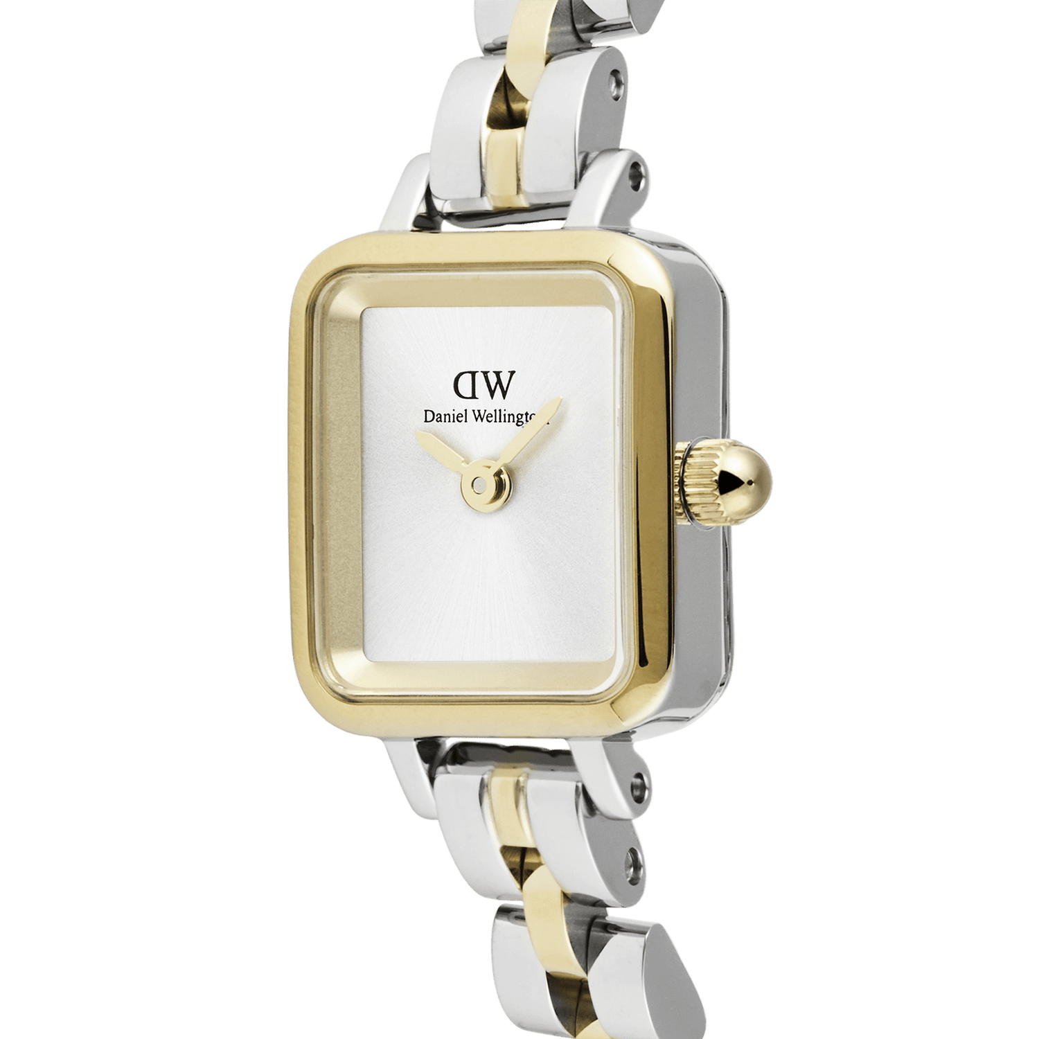 Quadro Mini Arch 3-Link Two Tone Goldの文字盤とケースを斜めからとらえたクローズアップ画像です。ゴールドのベゼルとシルバーのケースが重なる二層構造や、インデックスのないホワイトサンレイダイヤル、ゴールドのリューズの丸みなど、細部の美しさが際立ちます。