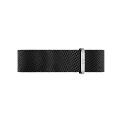 ブラックのNATOストラップ単体の画像です。リサイクルナイロン素材の細やかなあや織りが特徴で、シルバーのループ部分にはDaniel Wellingtonのロゴが刻印されています。