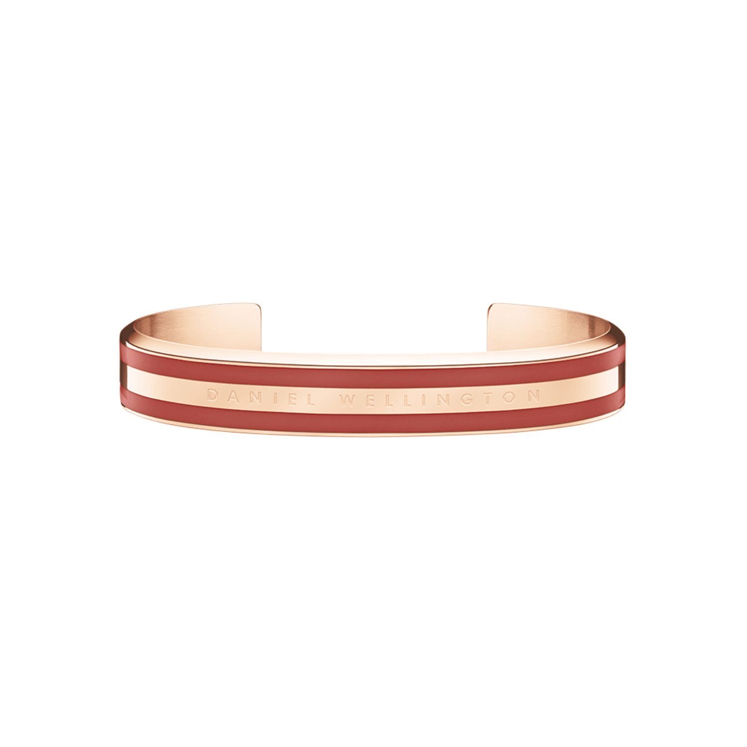 Emalie Bracelet Cherry Blush Rose Goldを正面やや上方から撮影した全体像です。オープンカフの内側が見える角度で、ローズゴールドの滑らかな質感と、二本のチェリーブラッシュエナメルラインの配色バランスをご確認いただけます。
