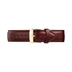 Daniel WellingtonのTapered St Mawesストラップの全体像。深みのあるブラウンのイタリア製本革に同系色のステッチが施され、ゴールド仕上げのピンバックルがフラットに収まったクラシックなデザインです。