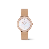 白背景で撮影したCrystalline Bezel Melroseの全体像です。ローズゴールドのメッシュストラップを自然に広げ、クリスタルベゼルの輝きとマザーオブパールダイヤルの柔らかな光沢が調和した姿をお楽しみいただけます。