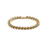 Daniel WellingtonのChunky Chain Bracelet ゴールドカラー全体像。ポリッシュ仕上げの太めのラウンドリンクが連なるデザインで、留め具部分にはブランドロゴが刻印されています。