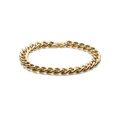 Daniel WellingtonのChunky Chain Bracelet ゴールドカラー全体像。ポリッシュ仕上げの太めのラウンドリンクが連なるデザインで、留め具部分にはブランドロゴが刻印されています。