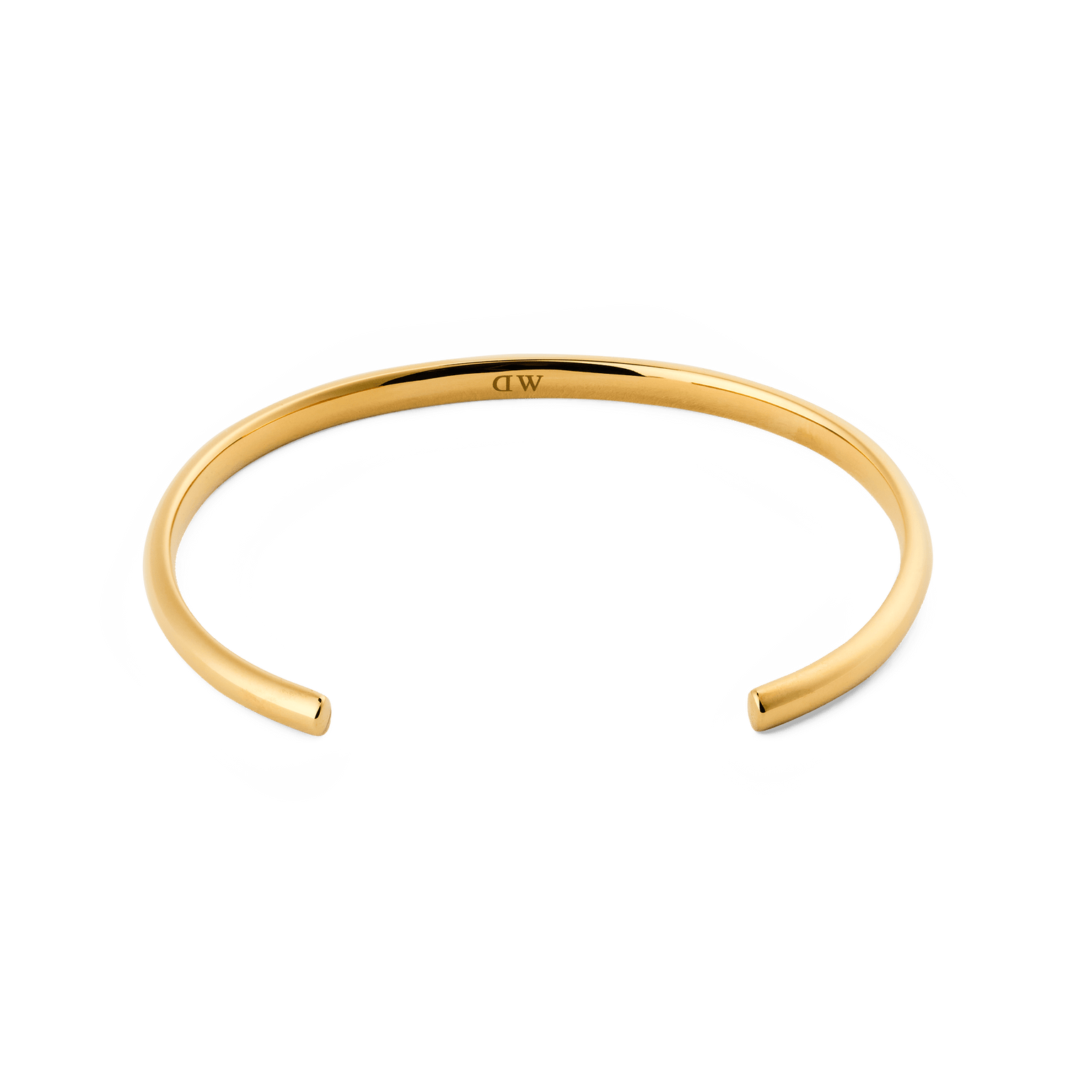 Arch Cuff Gold 4mmを内側から捉えたアングルの画像です。ポリッシュ加工のゴールドの美しい曲線と、内側に刻印されたDaniel Wellingtonのロゴが確認できます。