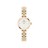 ダニエルウェリントン Elan Lumine Goldの正面画像。ゴールドの3連ブレスレットとホワイトダイヤルに5つのクリスタルインデックスをあしらった22mmのレディースウォッチです。
