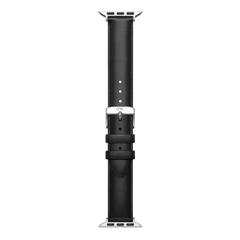 Daniel WellingtonのApple Watch対応ブラックレザーストラップを白背景で撮影した全体画像です。上下にシルバーのアダプターが装着され、ストラップ単体の端正なフォルムと滑らかな革の質感が確認できます。