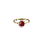 Daniel WellingtonのAudrey Ring Red Agathe Goldは、ドーム型の赤メノウをホワイトキュービックジルコニアのヘイローが囲む、細身のゴールドリングです。