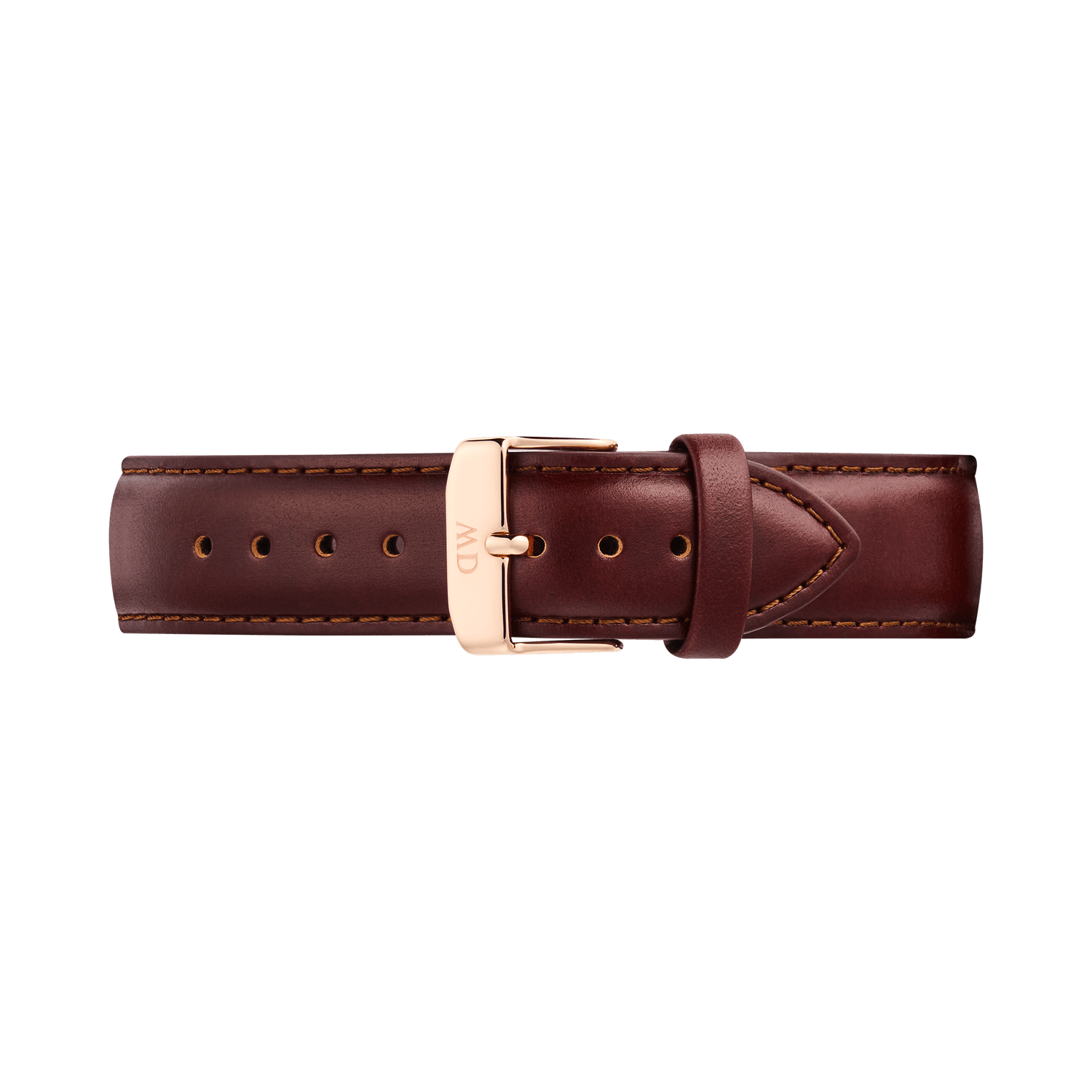 Daniel WellingtonのTapered St Mawesに使用されているレザーストラップです。落ち着いたブラウンのイタリアンレザーに、トーンオントーンのステッチが両サイドに施され、中央にはローズゴールドのピンバックルがあしらわれています。