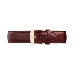 Daniel WellingtonのTapered St Mawesに使用されているレザーストラップです。落ち着いたブラウンのイタリアンレザーに、トーンオントーンのステッチが両サイドに施され、中央にはローズゴールドのピンバックルがあしらわれています。