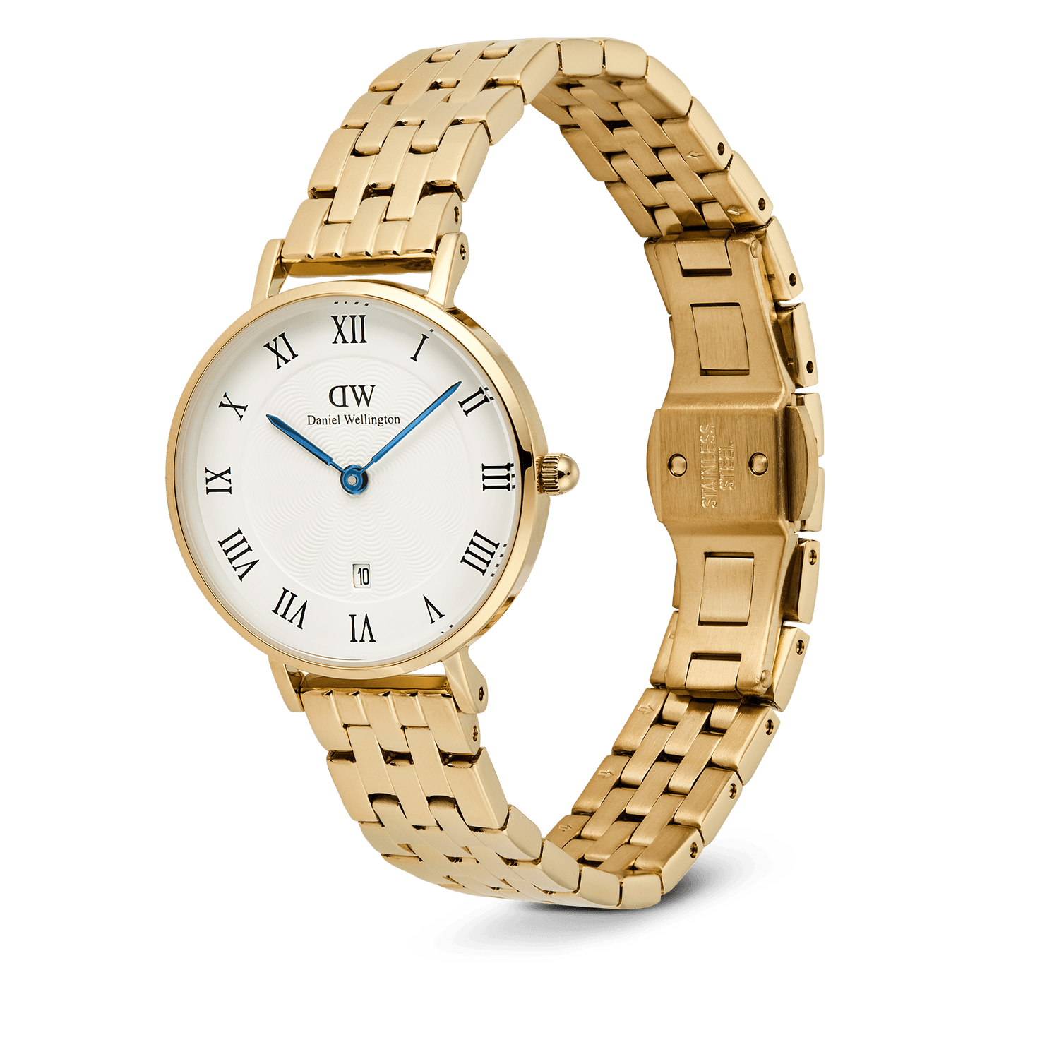 Petite Roman Numerals Date 5-link Goldを斜めから撮影した製品画像です。ギョーシェ模様のホワイトダイアルにブルーの針とローマ数字インデックスが映え、5リンクゴールドブレスレットのバタフライ式バックル部分のディテールが確認できます。