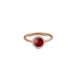 ダニエルウェリントン Audrey Ring Red Agatheの正面画像。ドーム型にカットされた深みのある赤メノウを中央に配し、その周囲をホワイトキュービックジルコニアのヘイロー（光輪）セッティングで囲んだローズゴールドの細身リングです。