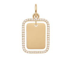 ダニエルウェリントン Rectangular Crystal Frame Pendant Gのクローズアップ画像。鏡面仕上げのゴールドプレートを縁取るようにクリスタルがセットされた、角丸長方形のペンダントチャームです。