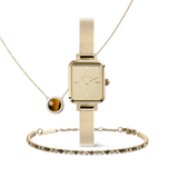 Daniel Wellington Honey Gold Setの全3点を並べた商品画像。ゴールドダイヤルのQuadro Miniメッシュストラップ腕時計、タイガーアイのペンダントネックレス、クリスタルのテニスブレスレットが、統一感のあるゴールドトーンでコーディネートされています。