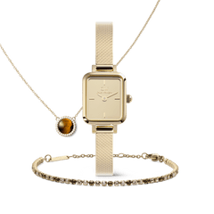 Daniel Wellington Honey Gold Setの全3点を並べた商品画像。ゴールドダイヤルのQuadro Miniメッシュストラップ腕時計、タイガーアイのペンダントネックレス、クリスタルのテニスブレスレットが、統一感のあるゴールドトーンでコーディネートされています。