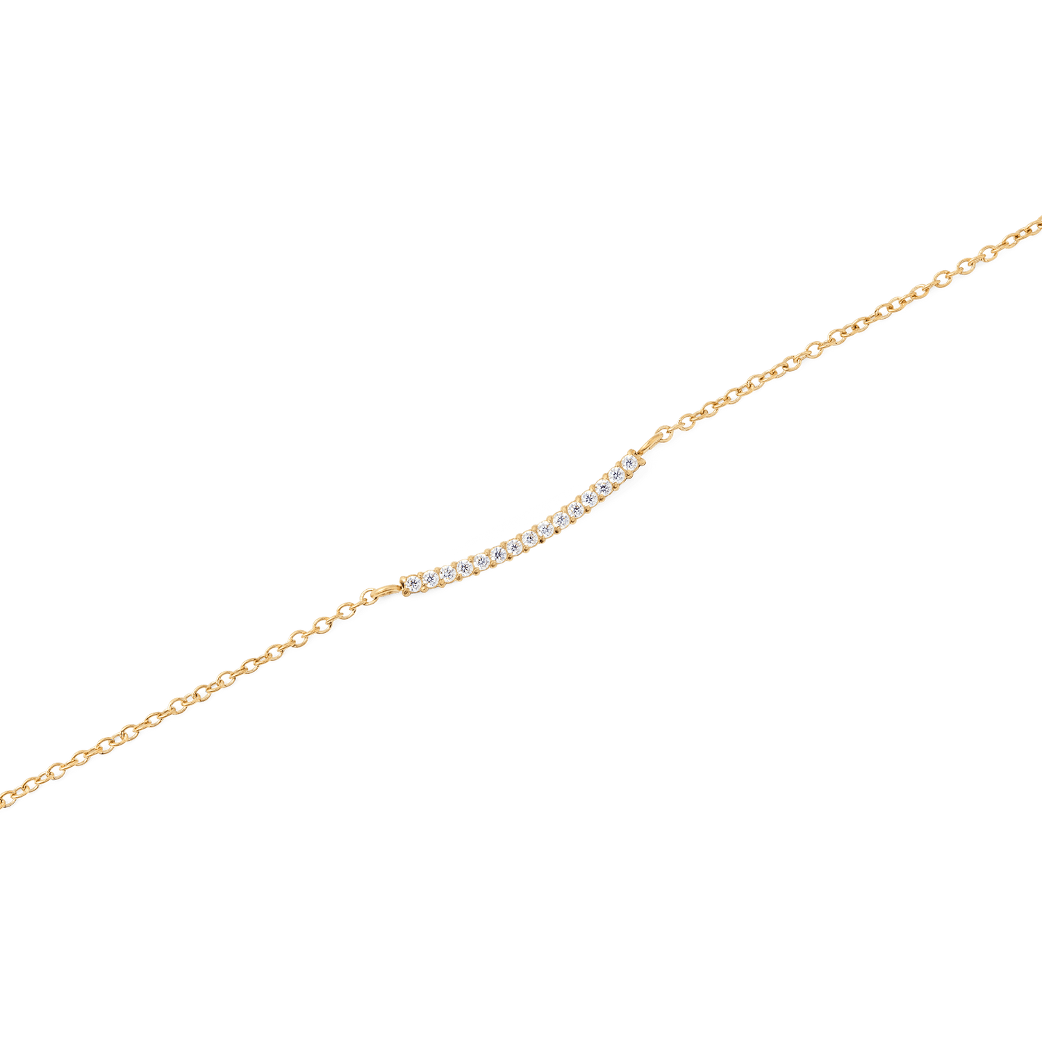 Mirelle Eternity Necklace Goldのバー部分をクローズアップした画像です。爪留めで一列に並んだホワイトキュービックジルコニアが、極細のゴールドチェーンの中央でゆるやかなカーブを描いています。