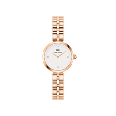 Daniel Wellington Elan Lumine Rose Goldの正面画像。ローズゴールドの3連ブレスレットとホワイトダイヤルに5つのクリスタルインデックスをあしらった、22mmサイズの女性向け腕時計です。