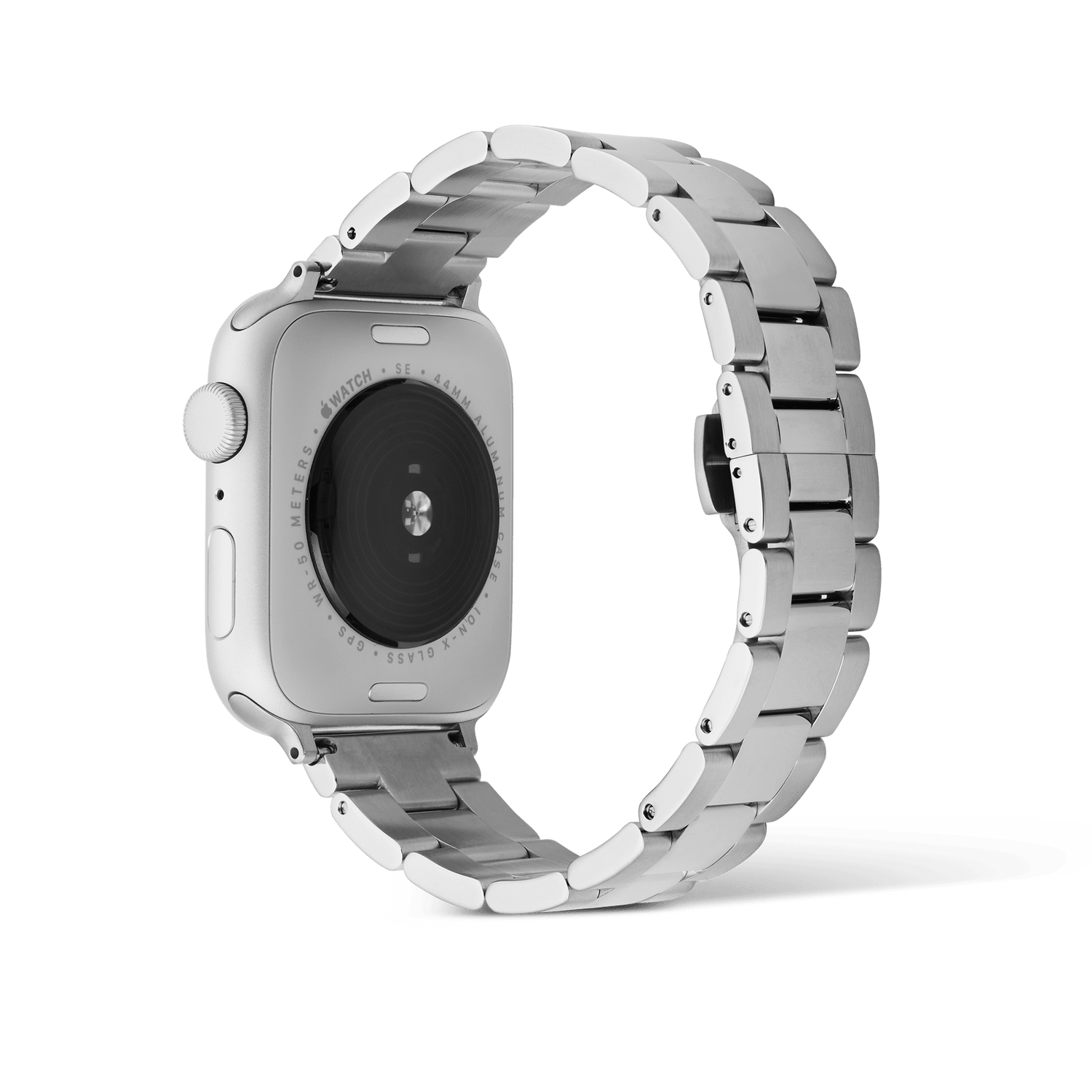 Daniel Wellington Smartwatch Iconic Linkシルバーを装着したApple Watchを、斜め後ろから撮影した画像です。ケース裏面のセンサー部分とともに、リンクブレスレットのテーパード構造やスプリングバーの接続部が確認でき、丁寧な作りが伝わります。