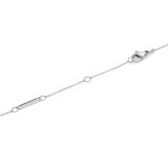 Crystal Zodiac Chain Necklace Silverのアジャスター部分を拡大した画像です。ロブスタークラスプと丸カンに加え、Daniel Wellingtonのブランド名が刻印されたシルバープレートが細いチェーンに取り付けられており、長さ調節が可能な仕様となっています。