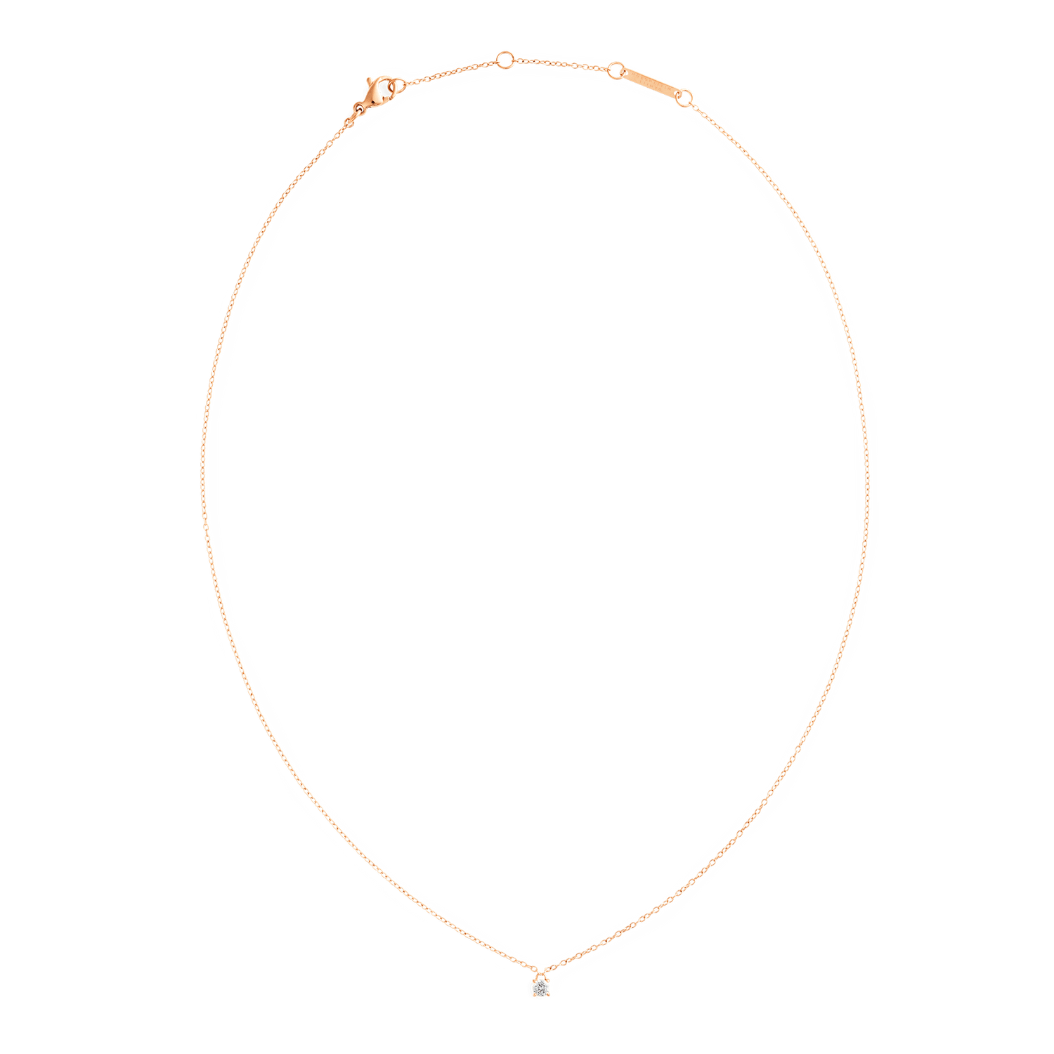 ダニエルウェリントン Mirelle Solitaire Necklace Rose Goldの全体像。繊細なローズゴールドチェーンの先端に一粒のストーンがあしらわれ、ロブスタークラスプとアジャスター付きチェーンのディテールが確認できる白背景の商品写真です。