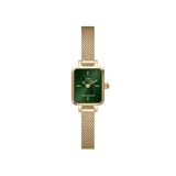 Daniel Wellington Quadro Mini Evergold Emeraldは、エメラルドグリーンのサンレイダイヤルとゴールドのメッシュストラップを組み合わせたスクエア型の女性向け腕時計です。