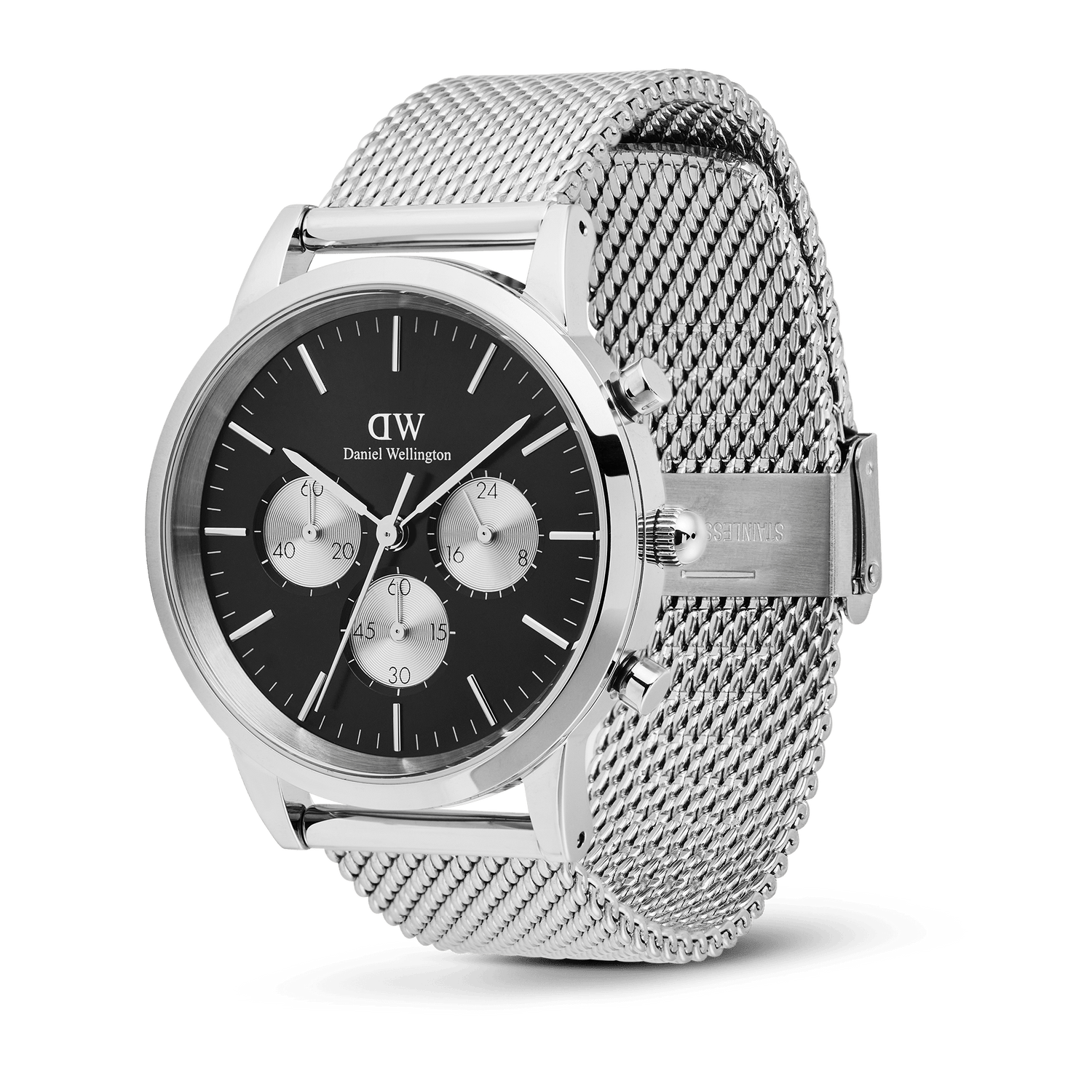 ブラックダイヤルとシルバーケースのコントラストが際立つIconic Chronograph Mesh Blackを斜め上から撮影した画像です。メッシュストラップのクラスプ部分やリューズ、クロノグラフプッシャーの配置が立体的に確認できます。