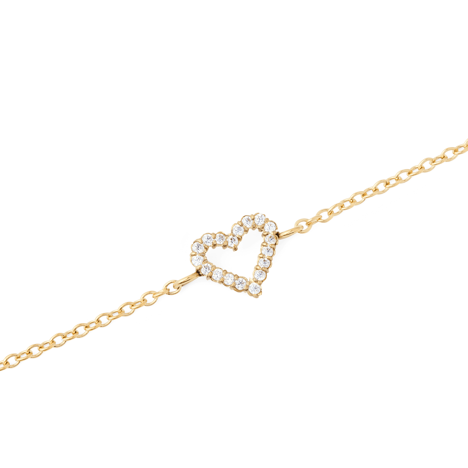 Mirelle Heart Bracelet Goldのハートモチーフ部分をクローズアップした画像です。ゴールドチェーンの中央に配された小ぶりなオープンハートの輪郭に沿って、ホワイトキュービックジルコニアが一粒ずつセットされ、繊細な輝きを放っています。