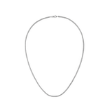 Daniel Wellington Tide Mesh Necklace Silver 2.8の全体像です。2.8mm幅のシルバーメッシュチェーンが緻密に編み込まれ、白い背景の上でなめらかなループを描いています。ロブスタークラスプの留め具も確認できます。