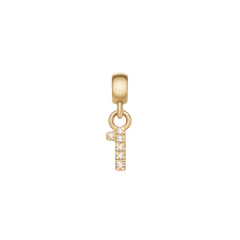 数字の「1」をモチーフにしたCrystal Number Charm Gold。縦のラインとセリフ部分にキュービックジルコニアが一列に輝き、ゴールドPVDのベイルとリングで繋がったミニマルなデザインのナンバーチャームです。